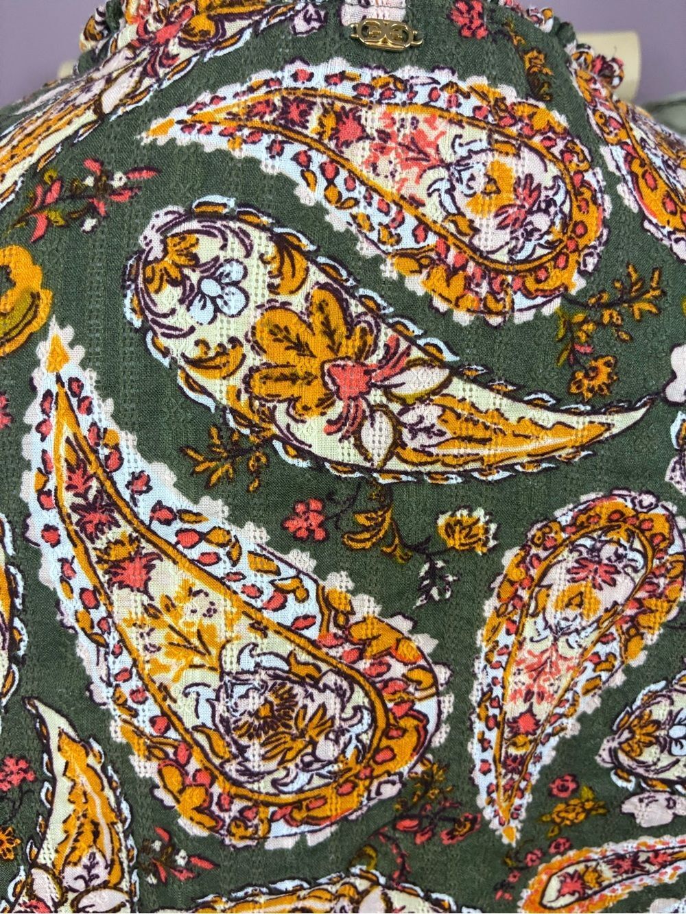 Sam Edelman Cottagecore Paisley Button-Front Blouse w/ruched sleeves - Picture 9 of 14